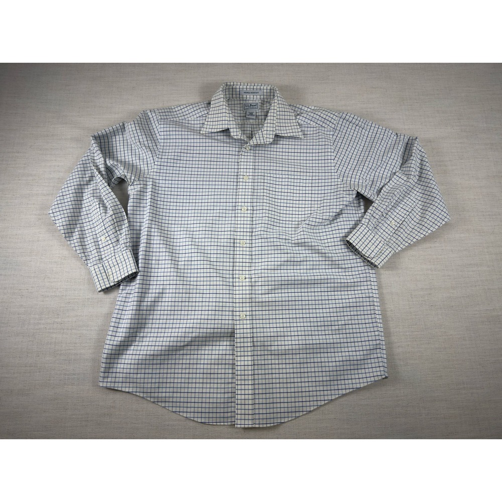 LL Bean Mens 16-33 Wrinkle Resistant Cotton Button Down Shirt Blue White Check